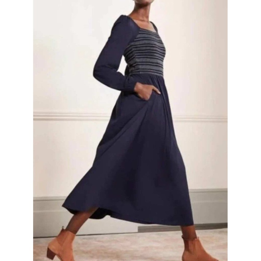 Boden Women's Navy Blue Rosamund Smocked Long Sleeve Pocket Midi Dress Size 10